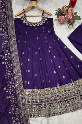 Purple Anarkali Kurta Set with Designer Embroidery & Dupatta
