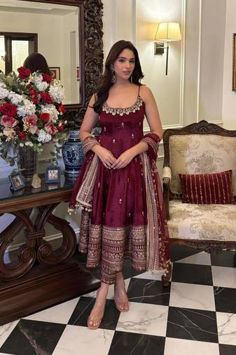 Maroon Anarkali Kurta Set with Designer Embroidery & Dupatta