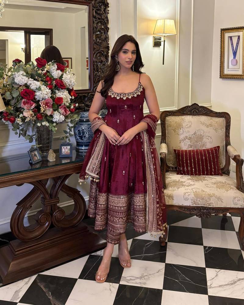 Maroon Anarkali Kurta Set with Designer Embroidery & Dupatta