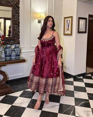 Maroon Anarkali Kurta Set with Designer Embroidery & Dupatta 2