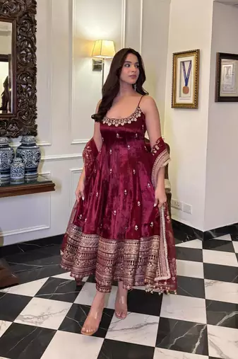 Maroon Anarkali Kurta Set with Designer Embroidery & Dupatta