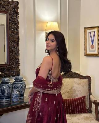 Maroon Anarkali Kurta Set with Designer Embroidery & Dupatta 4