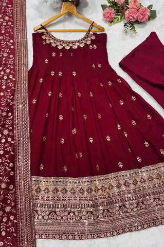 Maroon Anarkali Kurta Set with Designer Embroidery & Dupatta