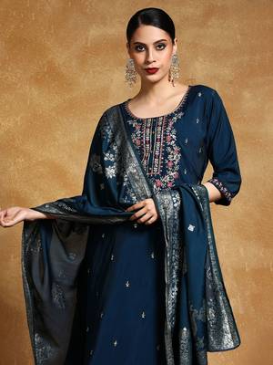 Floral Embroidered Round Neck Straight Kurta With Trousers & Dupatta 2