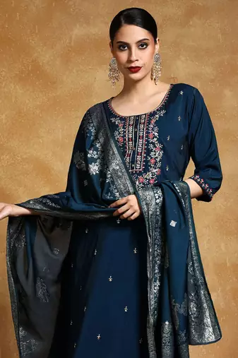 Floral Embroidered Round Neck Straight Kurta With Trousers & Dupatta