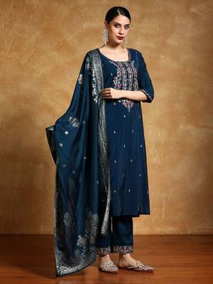 Floral Embroidered Round Neck Straight Kurta With Trousers & Dupatta 1