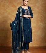 Floral Embroidered Round Neck Straight Kurta With Trousers & Dupatta