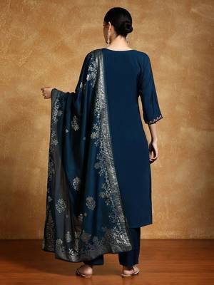 Floral Embroidered Round Neck Straight Kurta With Trousers & Dupatta 5
