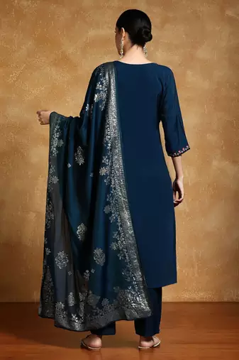Floral Embroidered Round Neck Straight Kurta With Trousers & Dupatta