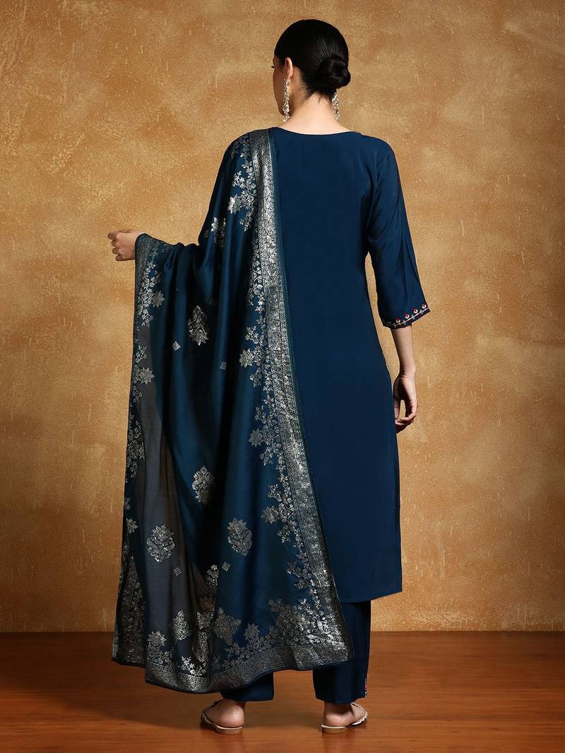 Floral Embroidered Round Neck Straight Kurta With Trousers & Dupatta