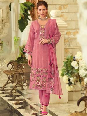 Geometric Printed Square Neck Thread Work Pure Cotton Kurta With Trouser & Dupatta 1