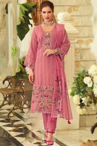 Geometric Printed Square Neck Thread Work Pure Cotton Kurta With Trouser & Dupatta