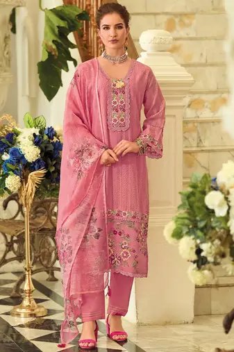 Geometric Printed Square Neck Thread Work Pure Cotton Kurta With Trouser & Dupatta