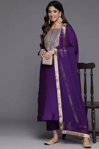 Floral Yoke Design Sequinned Chanderi Silk Straight Kurta With Trouser & Dupatta