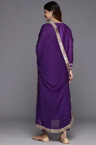 Floral Yoke Design Sequinned Chanderi Silk Straight Kurta With Trouser & Dupatta