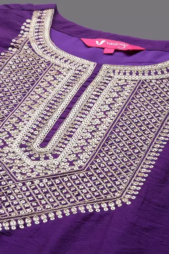 Floral Yoke Design Sequinned Chanderi Silk Straight Kurta With Trouser & Dupatta