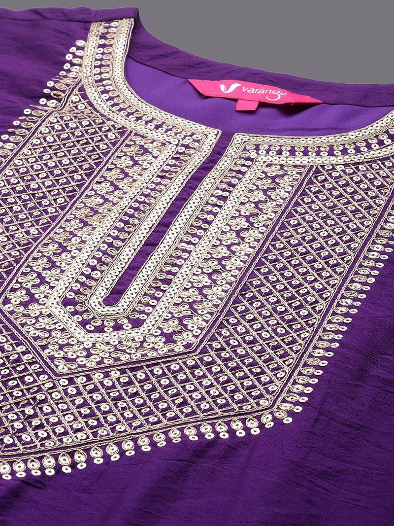 Floral Yoke Design Sequinned Chanderi Silk Straight Kurta With Trouser & Dupatta