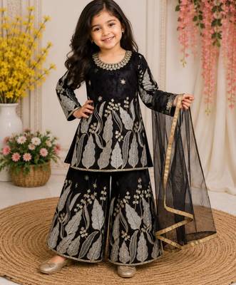 Kids Girls Embroidered Top, Palazzo and Dupatta Set 1