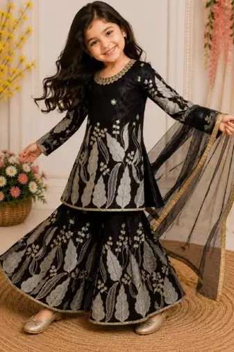 Kids Girls Embroidered Top, Palazzo and Dupatta Set