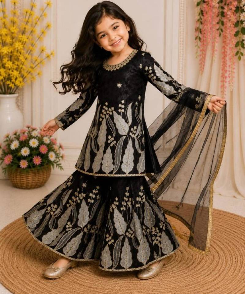 Kids Girls Embroidered Top, Palazzo and Dupatta Set
