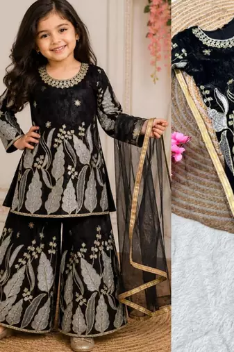 Kids Girls Embroidered Top, Palazzo and Dupatta Set