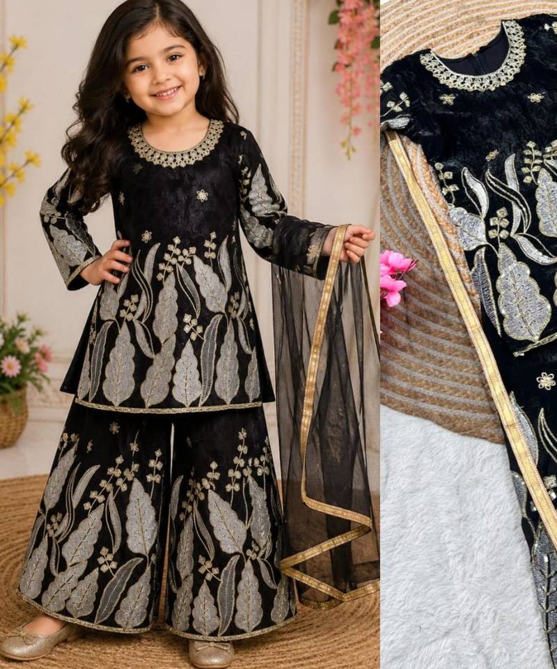 Kids Girls Embroidered Top, Palazzo and Dupatta Set