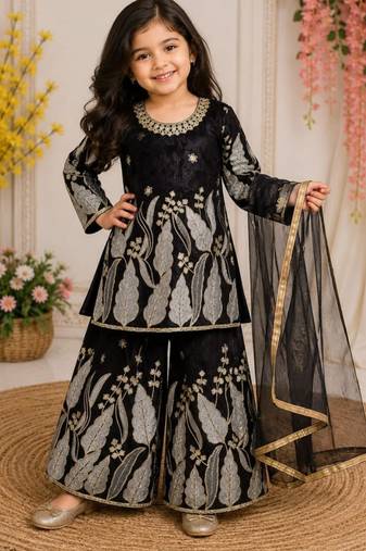 Girls' Kids Embroidered Top, Palazzo and Dupatta Set