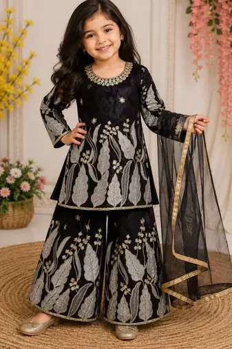Girls' Kids Embroidered Top, Palazzo and Dupatta Set