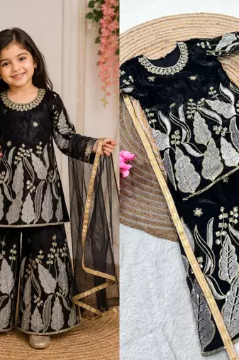 Girls' Kids Embroidered Top, Palazzo and Dupatta Set