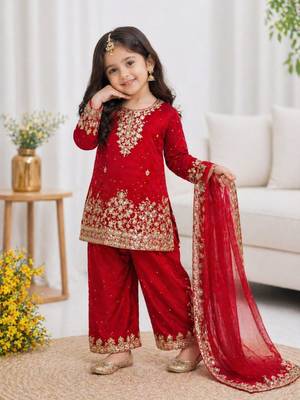 Kids Girls Top, Palazzo with Dupatta  Embroidery Work 1