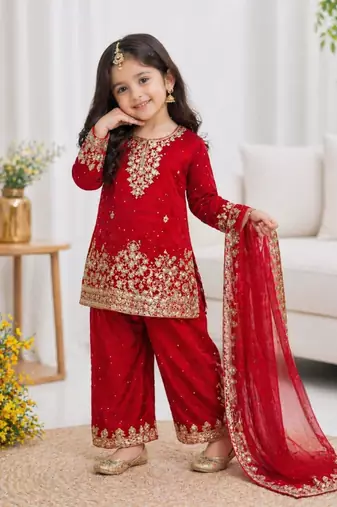Kids Girls Top, Palazzo with Dupatta  Embroidery Work