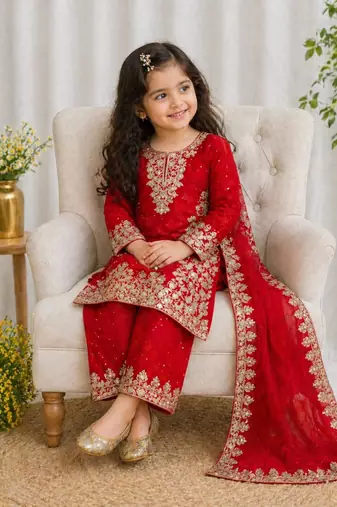 Kids Girls Top, Palazzo with Dupatta  Embroidery Work