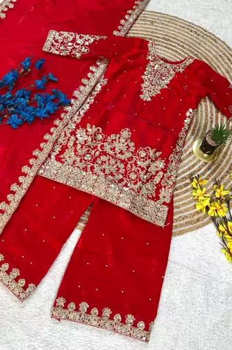 Kids Girls Top, Palazzo with Dupatta  Embroidery Work