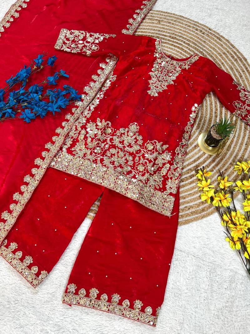 Kids Girls Top, Palazzo with Dupatta  Embroidery Work