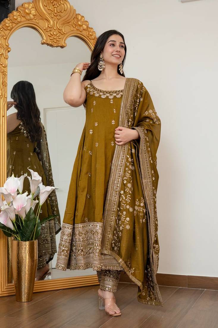 Mehandi Green Anarkali Kurta Set with Designer Embroidery & Dupatta