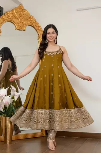 Mehandi Green Anarkali Kurta Set with Designer Embroidery & Dupatta