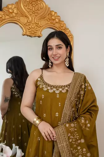 Mehandi Green Anarkali Kurta Set with Designer Embroidery & Dupatta