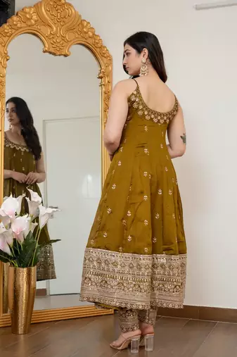 Mehandi Green Anarkali Kurta Set with Designer Embroidery & Dupatta
