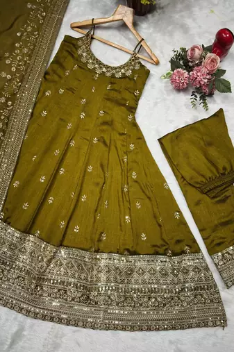 Mehandi Green Anarkali Kurta Set with Designer Embroidery & Dupatta