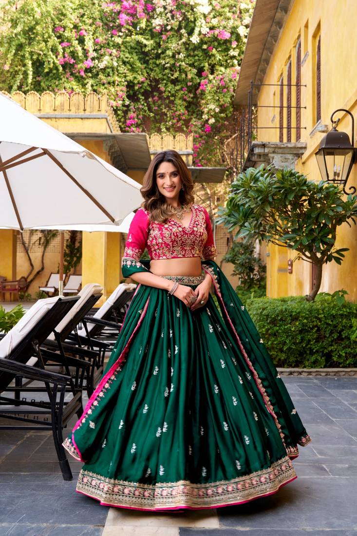 green silk blend Satin Lehenga Choli set with Sequins & Thread Embroidery