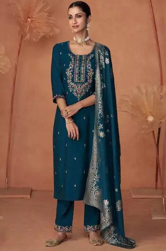 Floral Embroidered Zari Work Round Neck Straight Kurta With Trousers & Dupatta