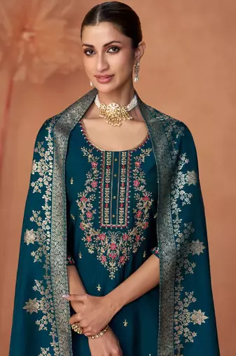 Floral Embroidered Zari Work Round Neck Straight Kurta With Trousers & Dupatta