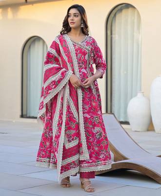 Women Floral Printed Angrakha Gotta Patti Pure Cotton Kurta with Trousers & With Dupatta 1