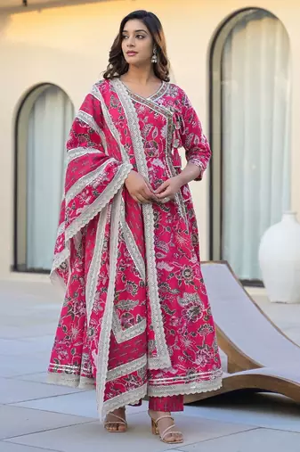 Women Floral Printed Angrakha Gotta Patti Pure Cotton Kurta with Trousers & With Dupatta