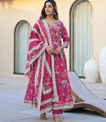 Women Floral Printed Angrakha Gotta Patti Pure Cotton Kurta with Trousers & With Dupatta