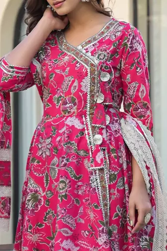 Women Floral Printed Angrakha Gotta Patti Pure Cotton Kurta with Trousers & With Dupatta