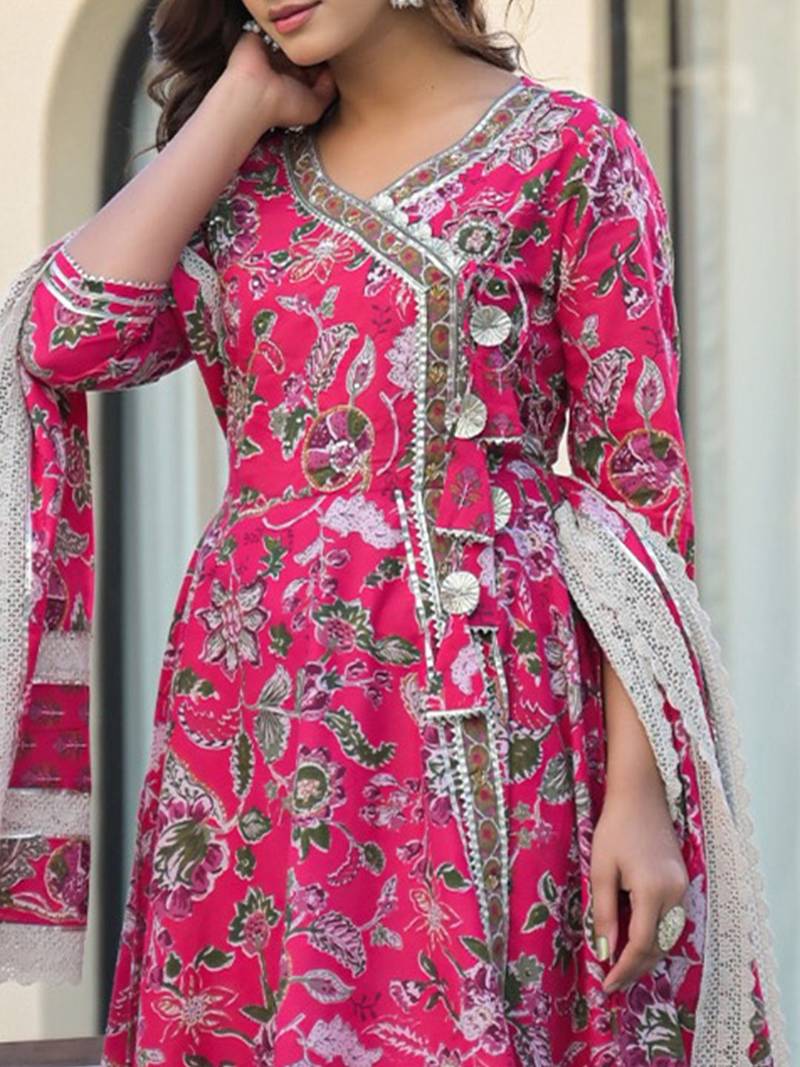 Women Floral Printed Angrakha Gotta Patti Pure Cotton Kurta with Trousers & With Dupatta