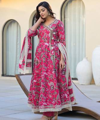 Women Floral Printed Angrakha Gotta Patti Pure Cotton Kurta with Trousers & With Dupatta 4