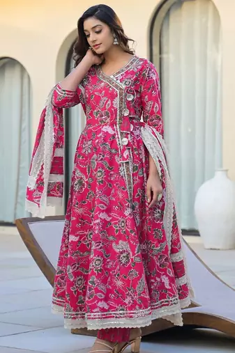 Women Floral Printed Angrakha Gotta Patti Pure Cotton Kurta with Trousers & With Dupatta