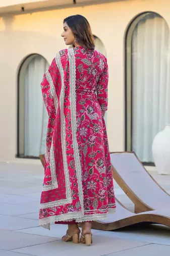 Women Floral Printed Angrakha Gotta Patti Pure Cotton Kurta with Trousers & With Dupatta
